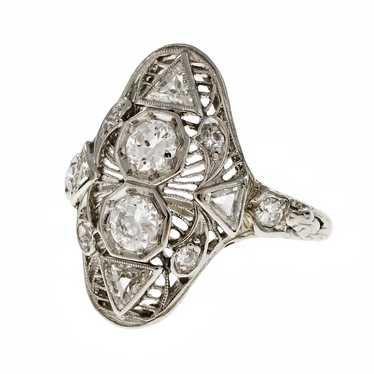 Art Deco 1930 Filigree Old European Round & Triangle Diamond Ring Platinum – image 2