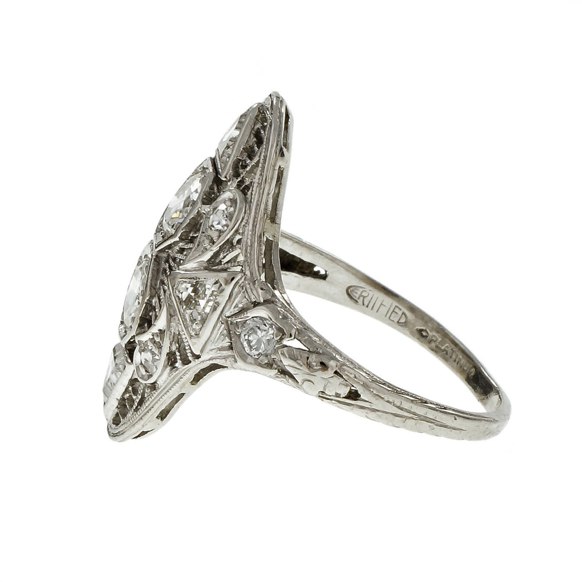 Art Deco 1930 Filigree Old European Round & Triangle Diamond Ring Platinum – image 3