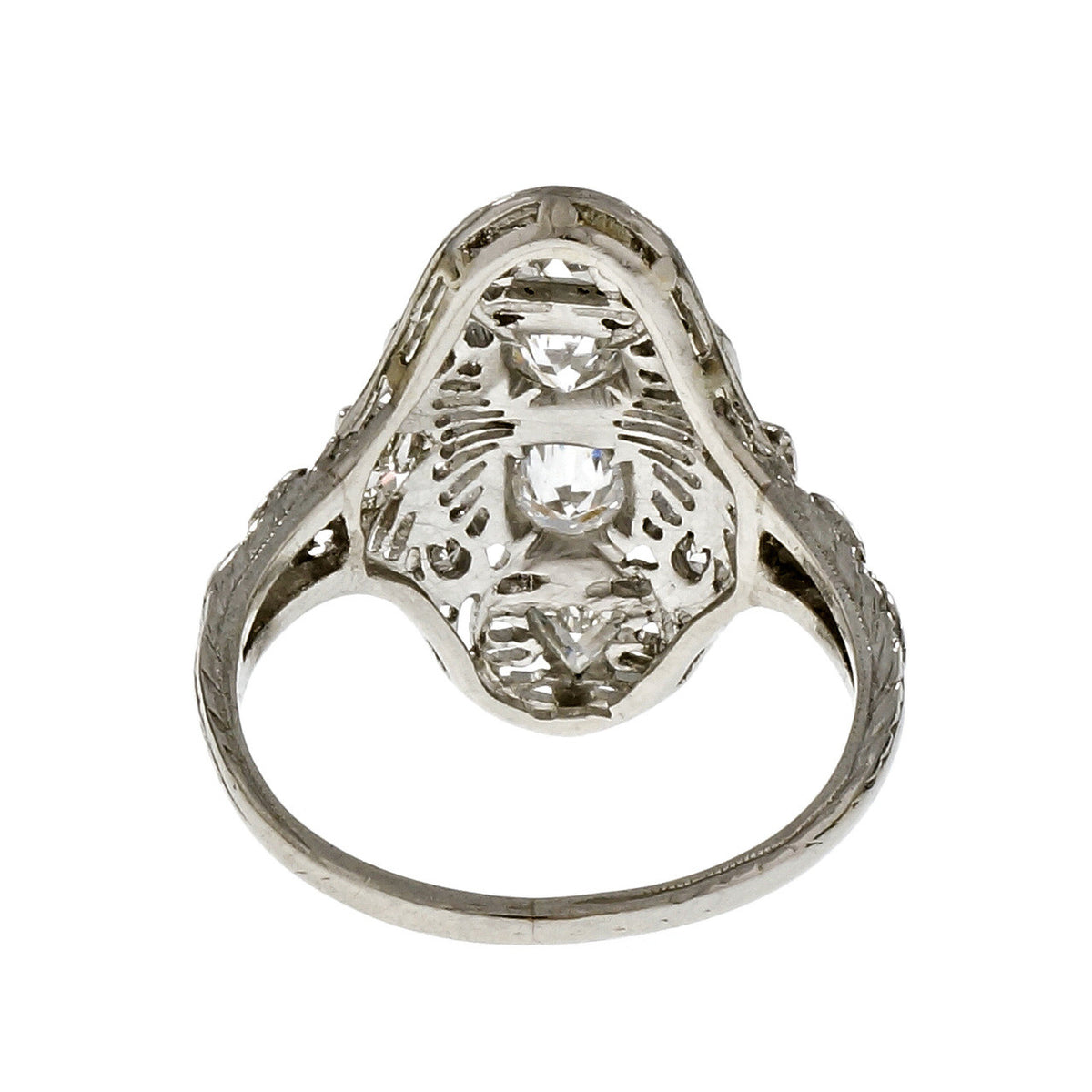 Art Deco 1930 Filigree Old European Round & Triangle Diamond Ring Platinum – image 4