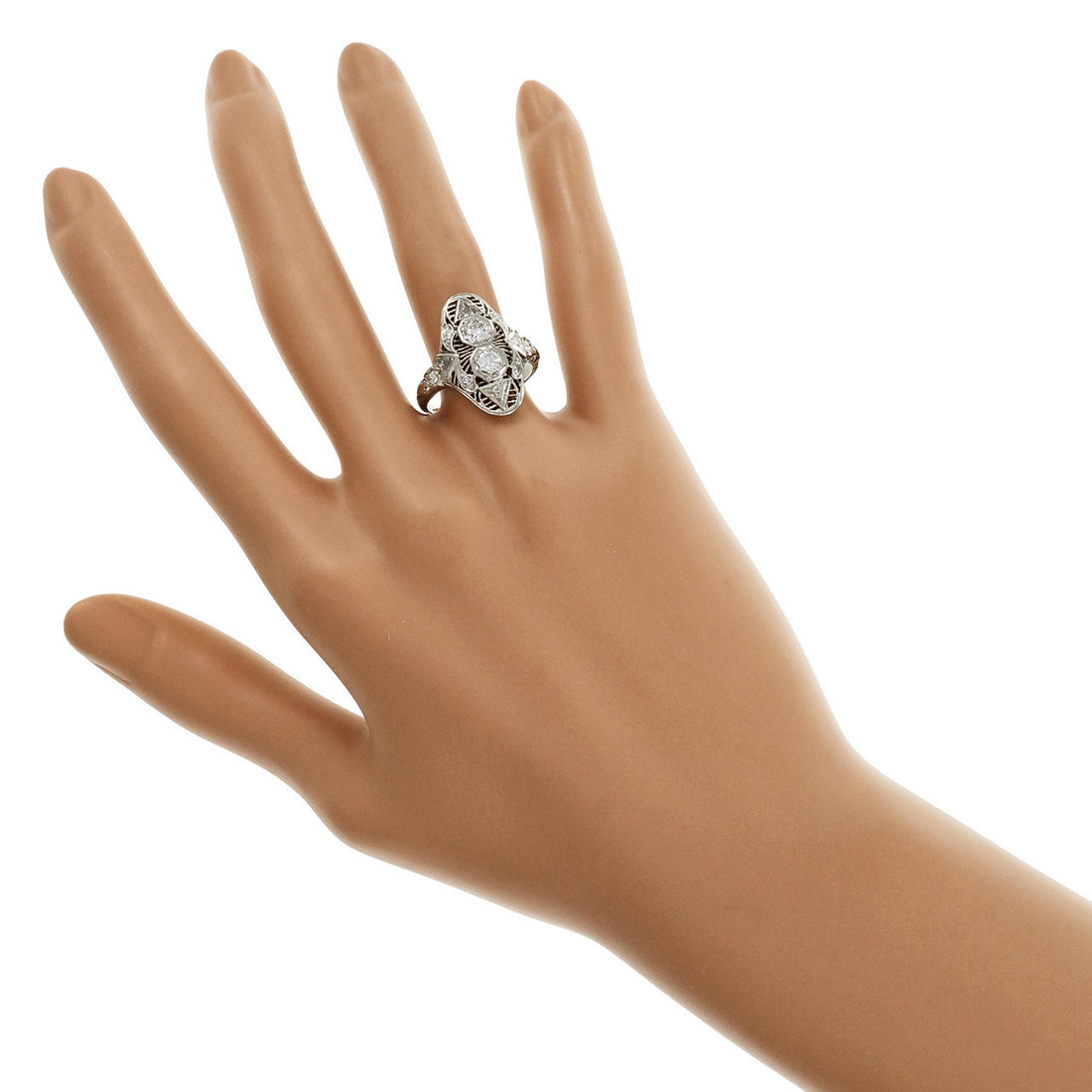 Art Deco 1930 Filigree Old European Round & Triangle Diamond Ring Platinum – image 6