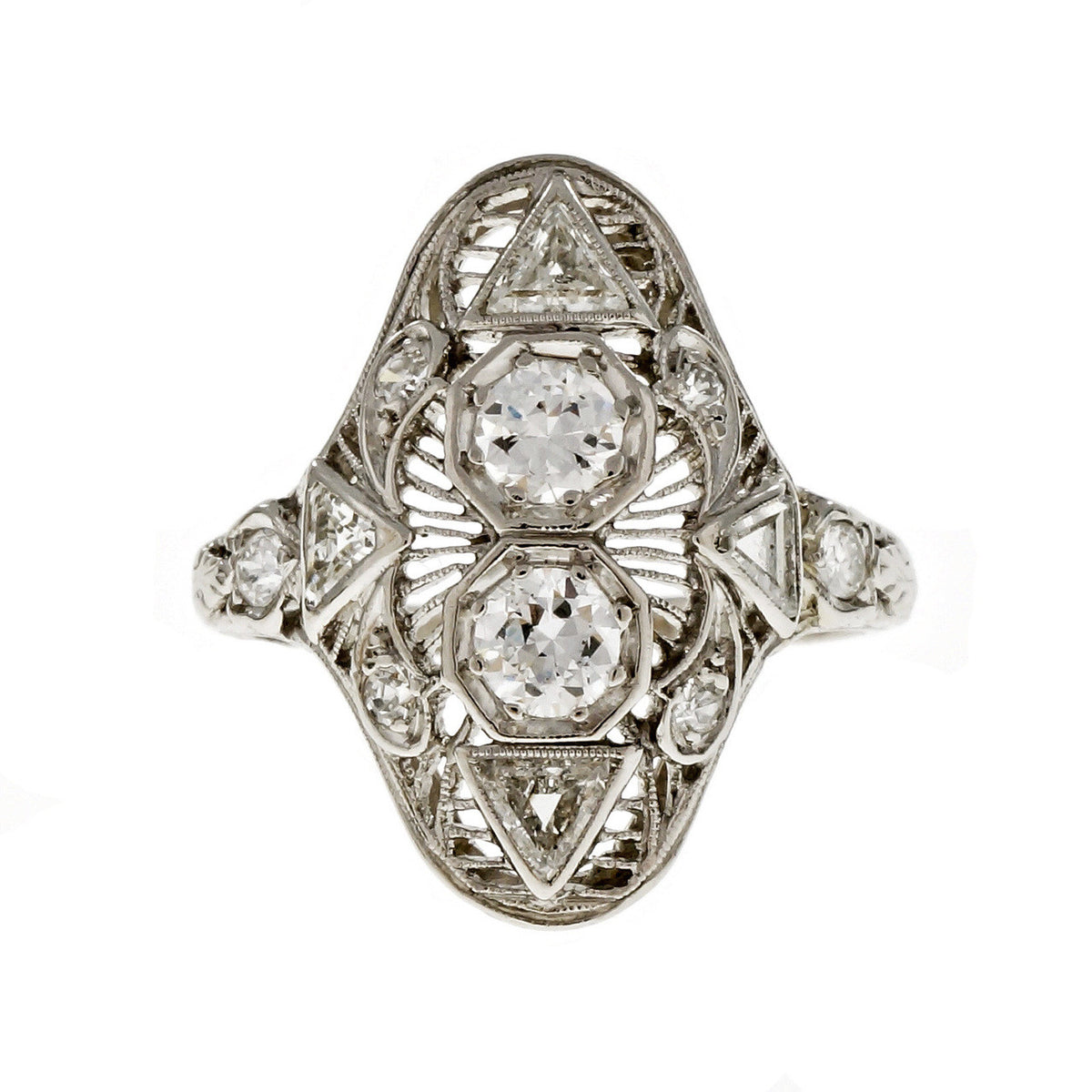 Art Deco 1930 Filigree Old European Round & Triangle Diamond Ring Platinum