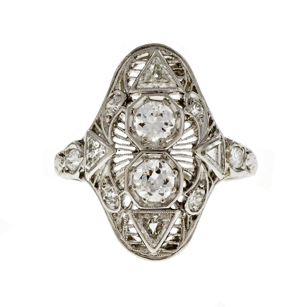 Art Deco 1930 Filigree Old European Round & Triangle Diamond Ring Platinum
