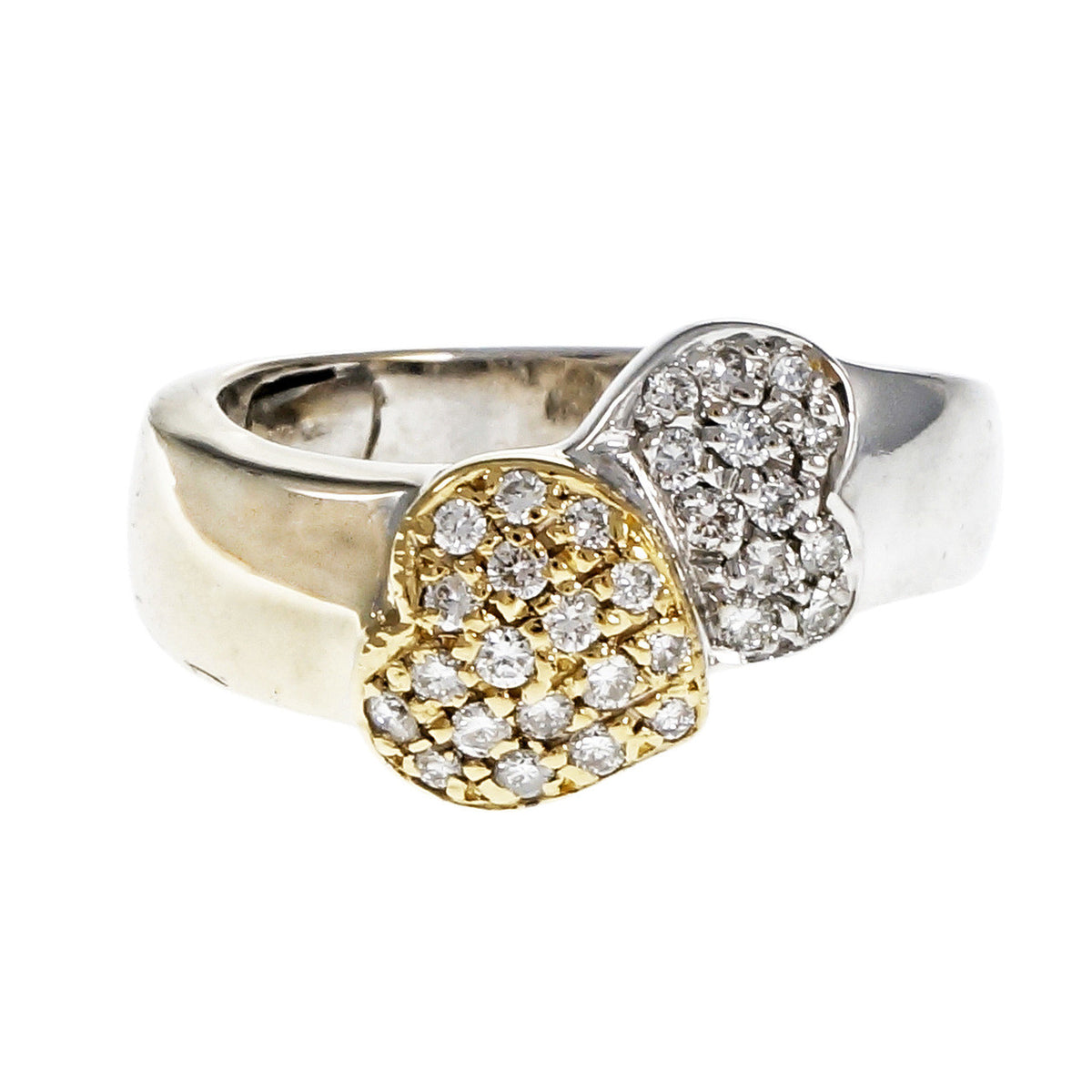 Estate Two Heart Pavé Diamond Ring 18k Yellow White Gold