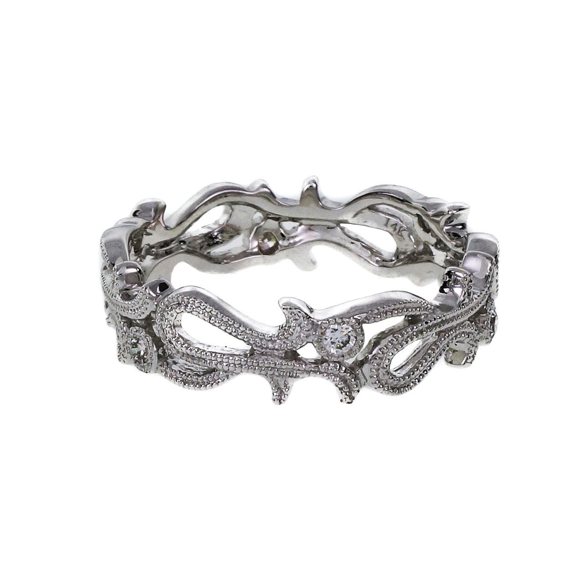 Vintage Style Diamond Wedding Band Ring Open Work Beaded 14k White Gold
