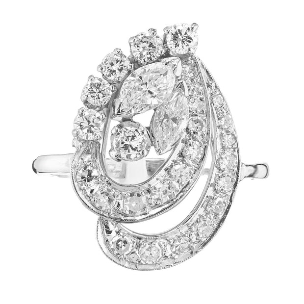 1.23 Carat Mid-Century Modern Diamond Swirl Platinum Cocktail Ring