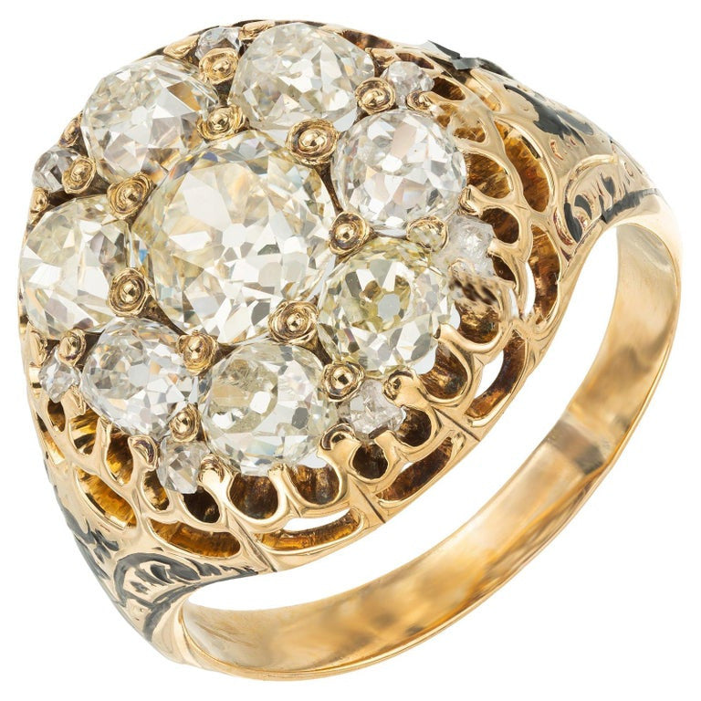 EGL 3.05 Carat Diamond Victorian Enamel Yellow Gold Cocktail Cluster Ring