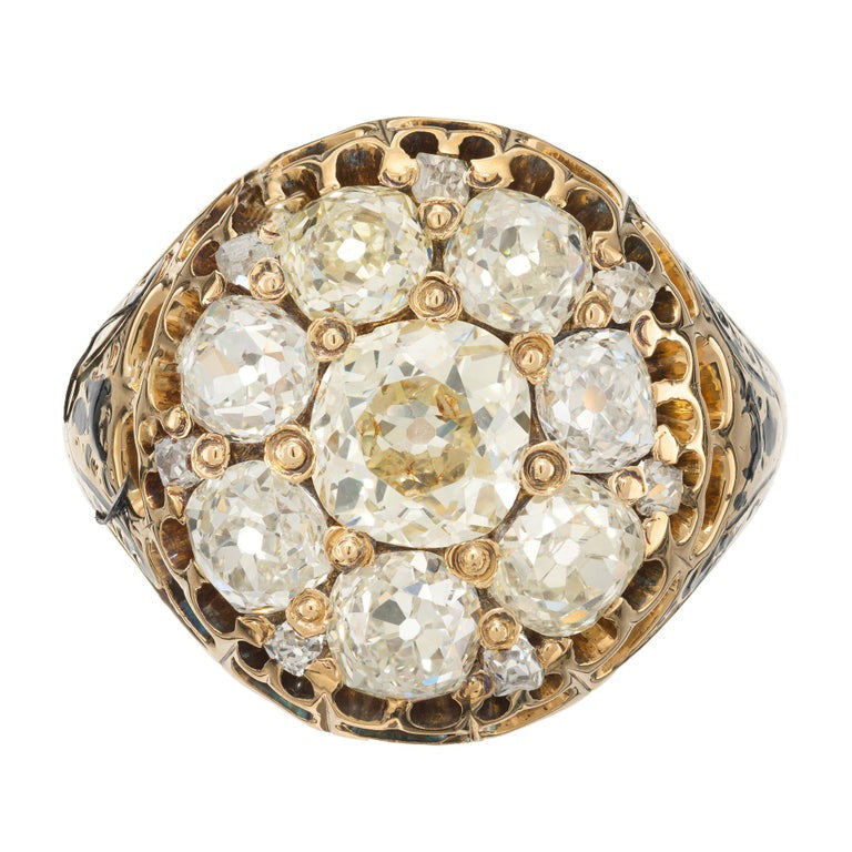 EGL 3.05 Carat Diamond Victorian Enamel Yellow Gold Cocktail Cluster Ring – image 2