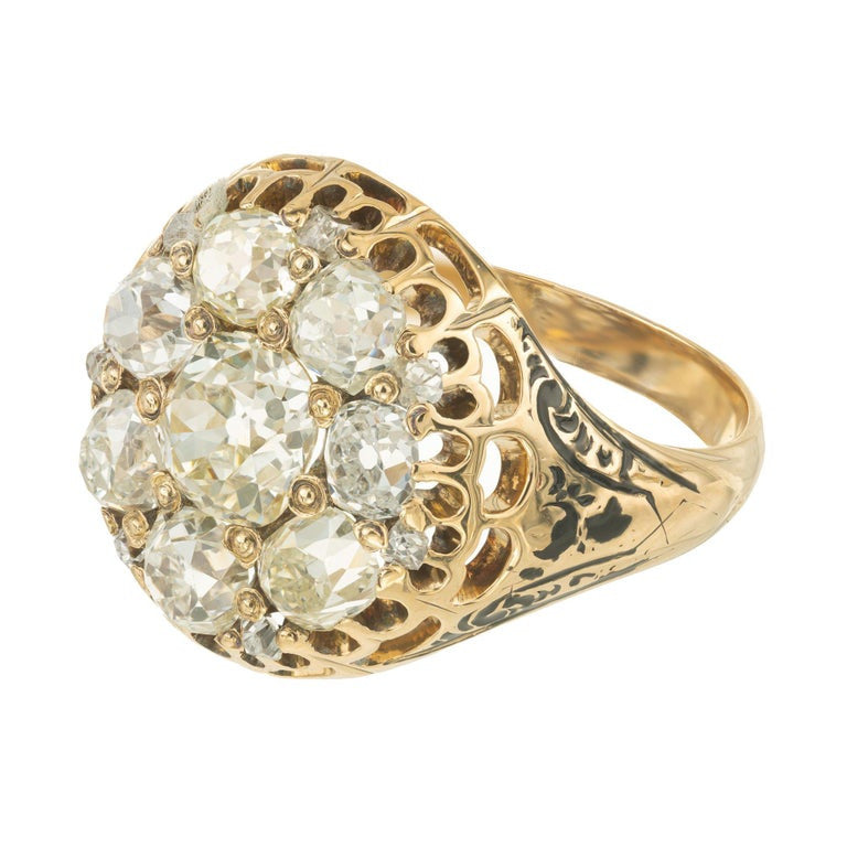 EGL 3.05 Carat Diamond Victorian Enamel Yellow Gold Cocktail Cluster Ring – image 4