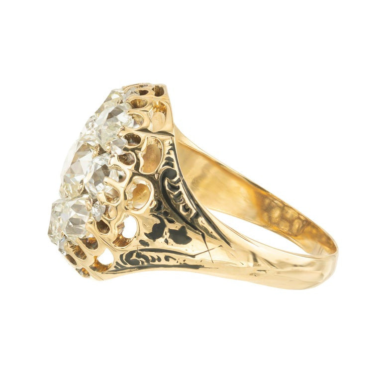 EGL 3.05 Carat Diamond Victorian Enamel Yellow Gold Cocktail Cluster Ring – image 5
