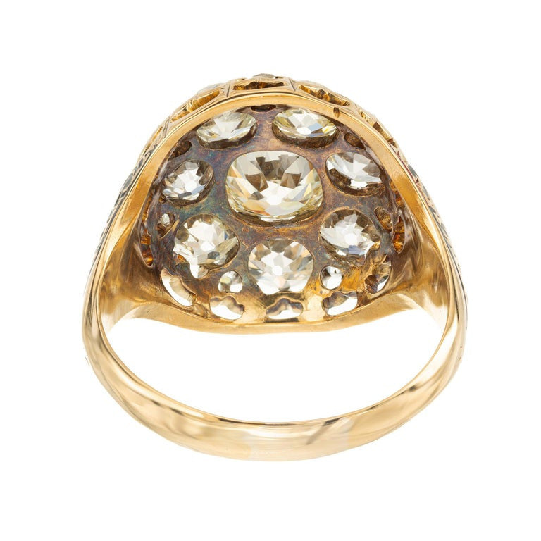 EGL 3.05 Carat Diamond Victorian Enamel Yellow Gold Cocktail Cluster Ring – image 6