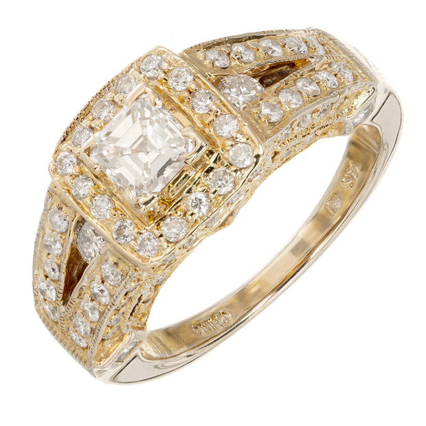 .50 Carat Step Cut Diamond Halo Yellow Gold Engagement Ring