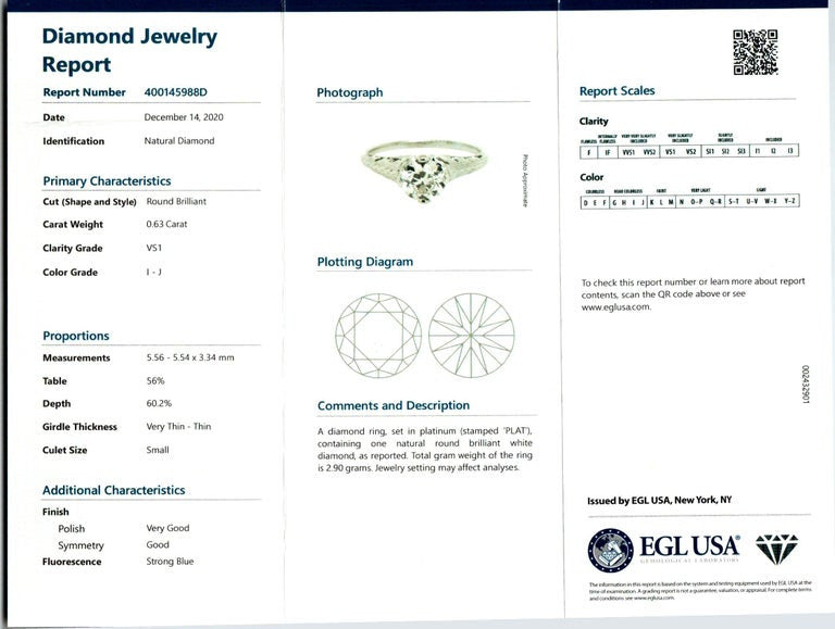 EGL Certified .63 Carat Diamond Platinum Engagement Ring – image 8