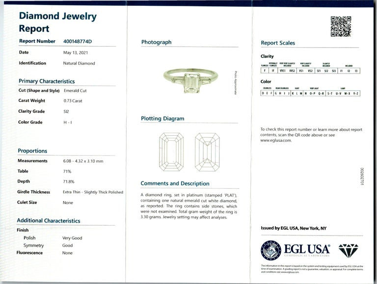 EGL Certified .73 Carat Diamond Platinum Three-Stone Engagement Ring – image 3