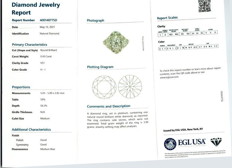 EGL Certified .43 Carat Diamond Platinum Dome Art Deco Engagement Ring – image 3