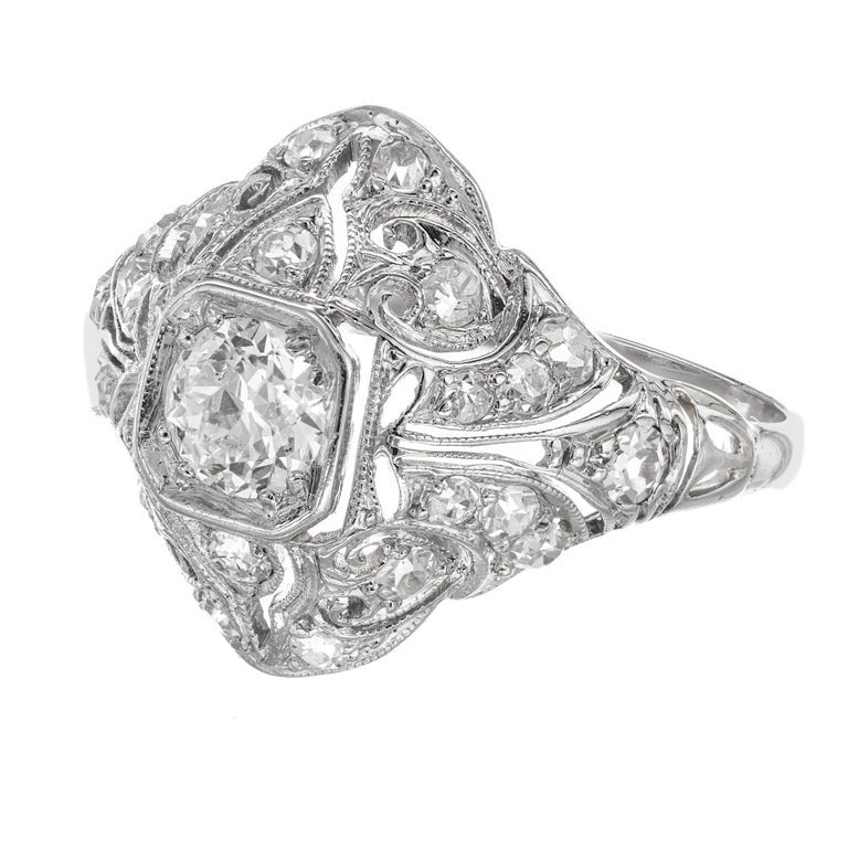 EGL Certified .43 Carat Diamond Platinum Dome Art Deco Engagement Ring – image 4