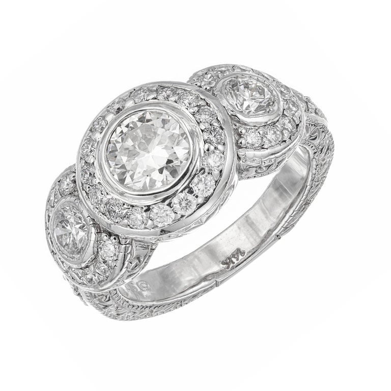 GIA Certified 1.01 Carat Diamond White Gold Three Stone Halo Engagement Ring