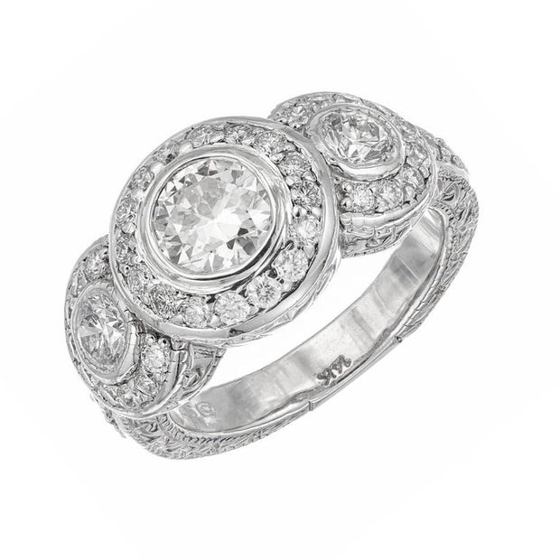 GIA Certified 1.01 Carat Diamond White Gold Three Stone Halo Engagement Ring