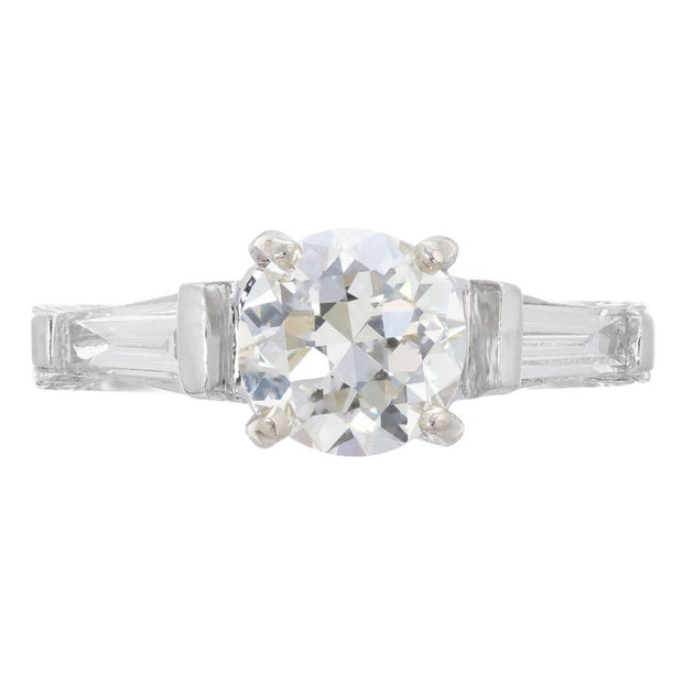 Vintage 1.69ct 1930s Transitional Cut 14k White Gold Diamond Baguette Sides Ring