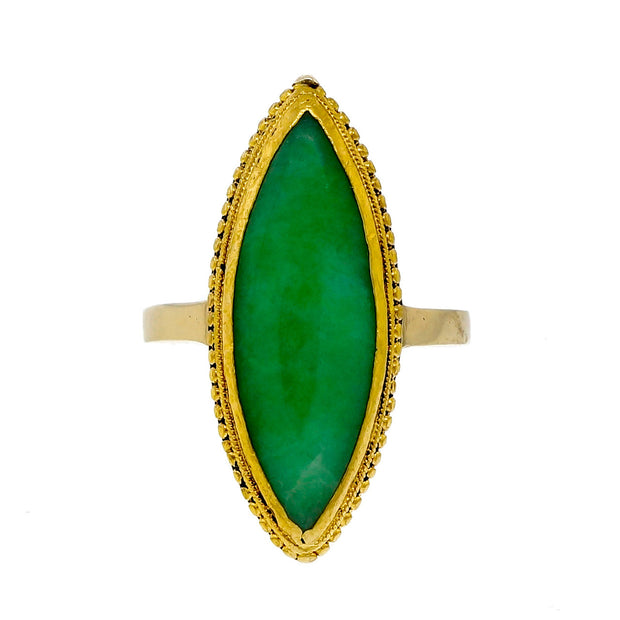 Estate Long Marquise Natural Jadeite Jade 24k Gold Ring
