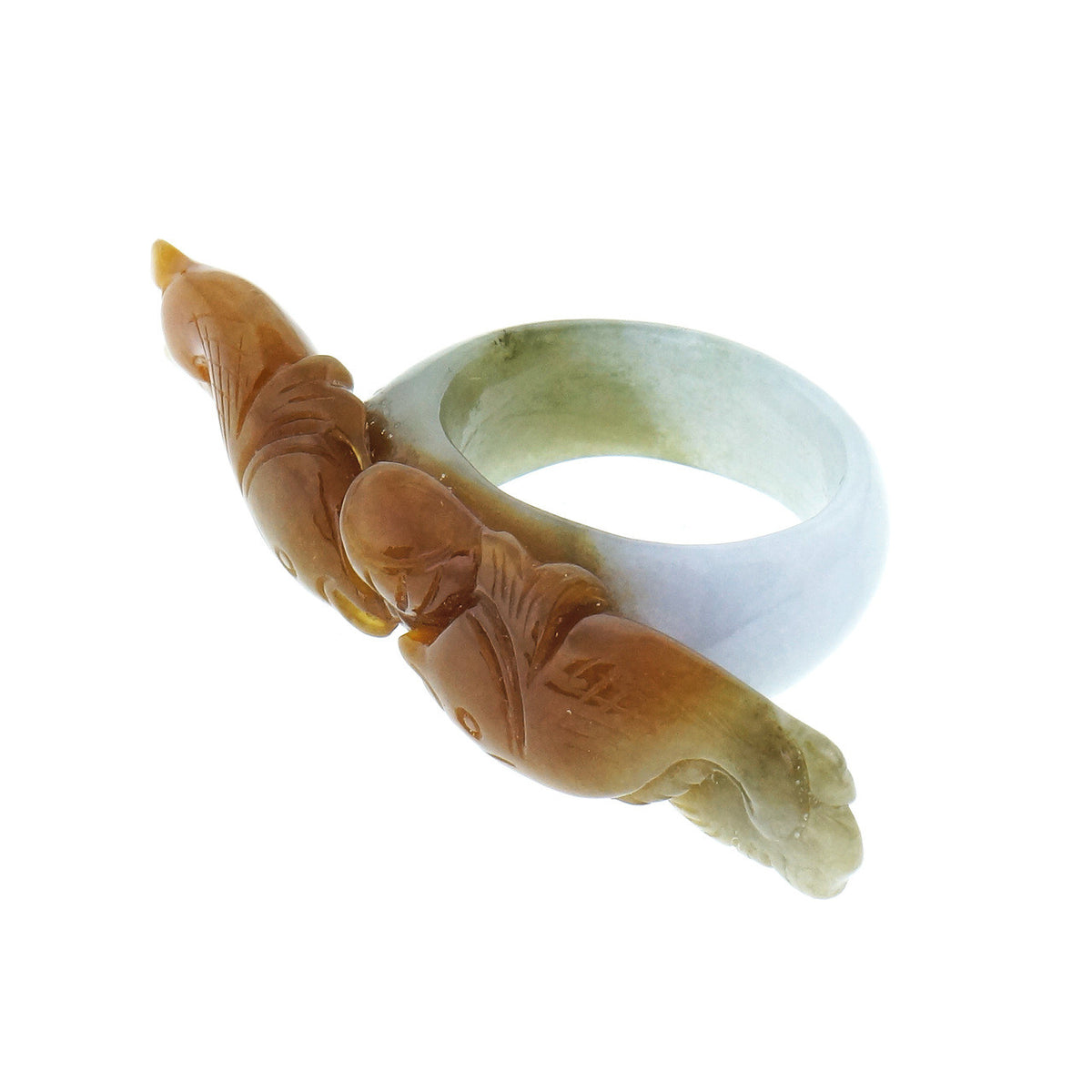 Natural Carved Jadeite Jade Fish Ring Brown Green White GIA Certified – image 2