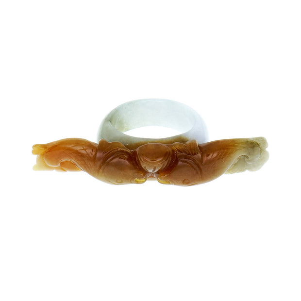 Natural Carved Jadeite Jade Fish Ring Brown Green White GIA Certified