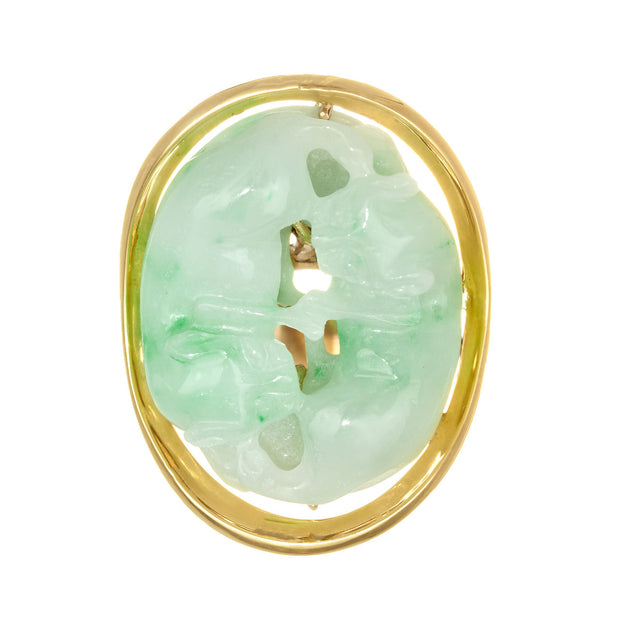 Large Jadeite Jade Yellow Gold Carved Cat Ring