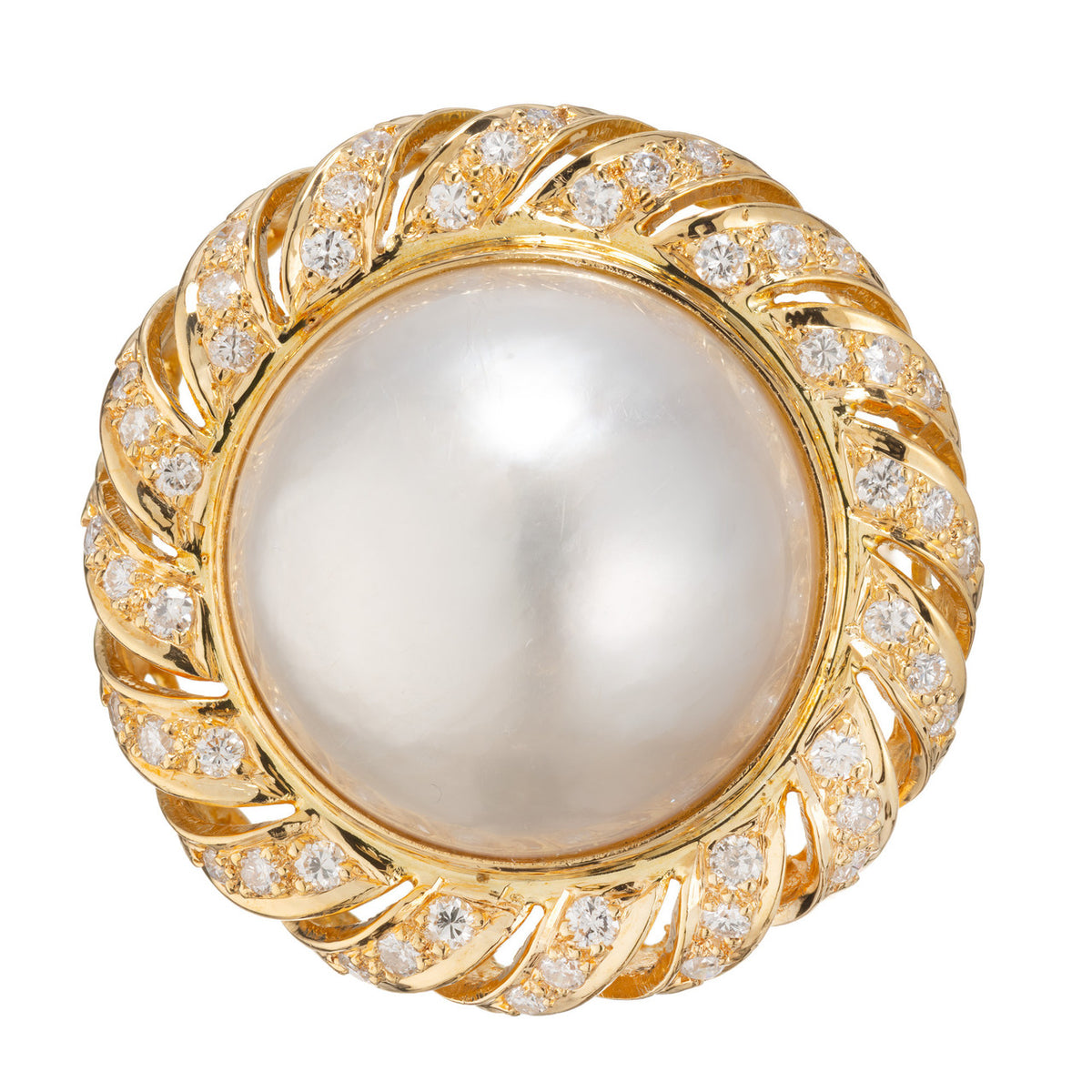 Mobe Pearl and Diamond Swirl Ring in 18k Yellow Gold, 1960s