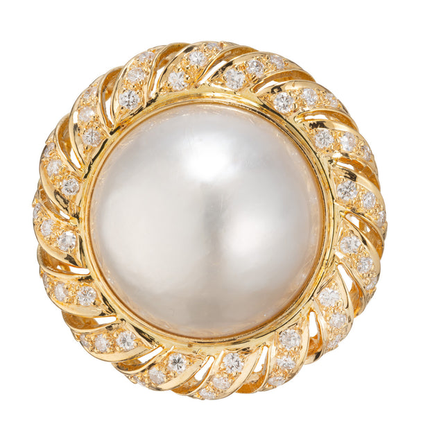 Mobe Pearl and Diamond Swirl Ring in 18k Yellow Gold, 1960s