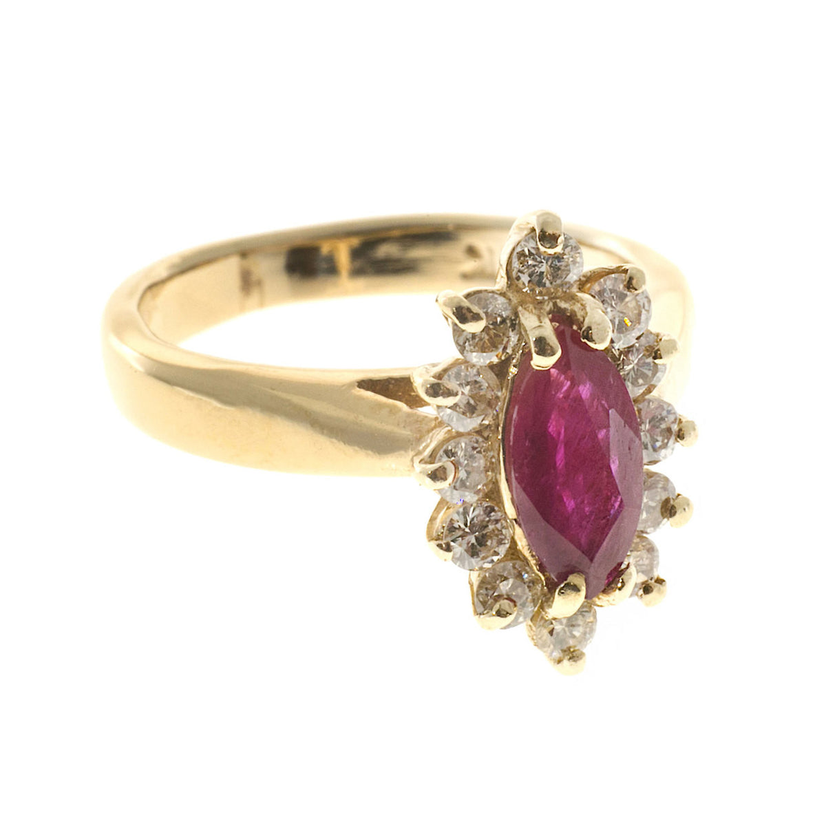 Estate .75ct Red Marquise Ruby & Round Full Cut Diamond 14k Yellow Gold Ring – image 6