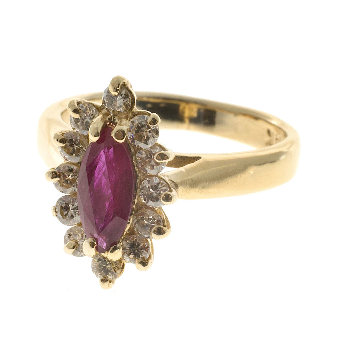 Estate .75ct Red Marquise Ruby & Round Full Cut Diamond 14k Yellow Gold Ring – image 7