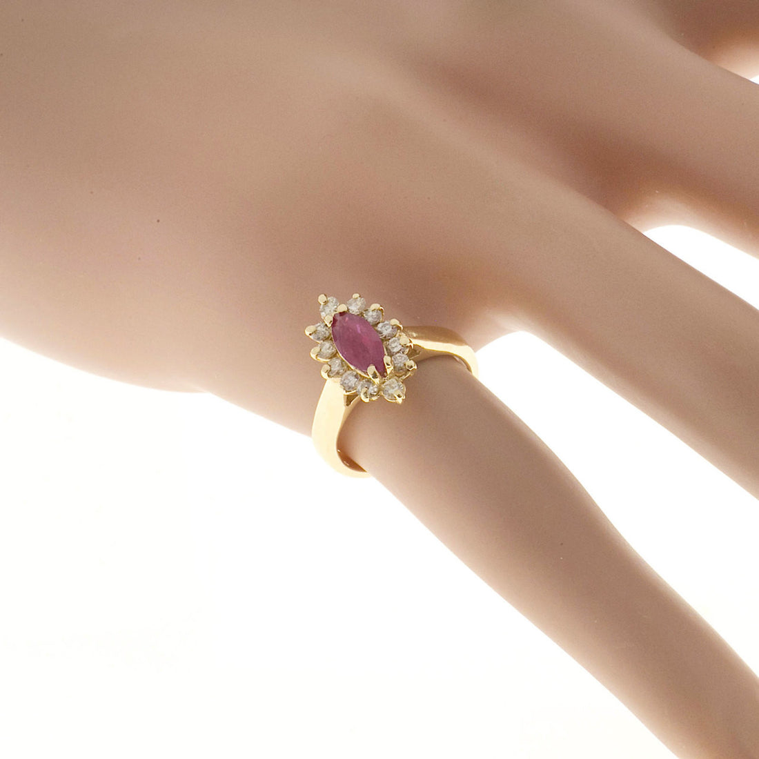 Estate .75ct Red Marquise Ruby & Round Full Cut Diamond 14k Yellow Gold Ring – image 9