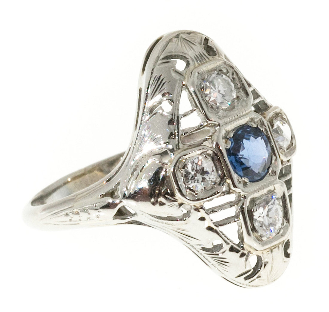 Estate 1930 Art Deco Pierced White Gold Raised Top Sapphire and 4 Diamond Ring – image 3