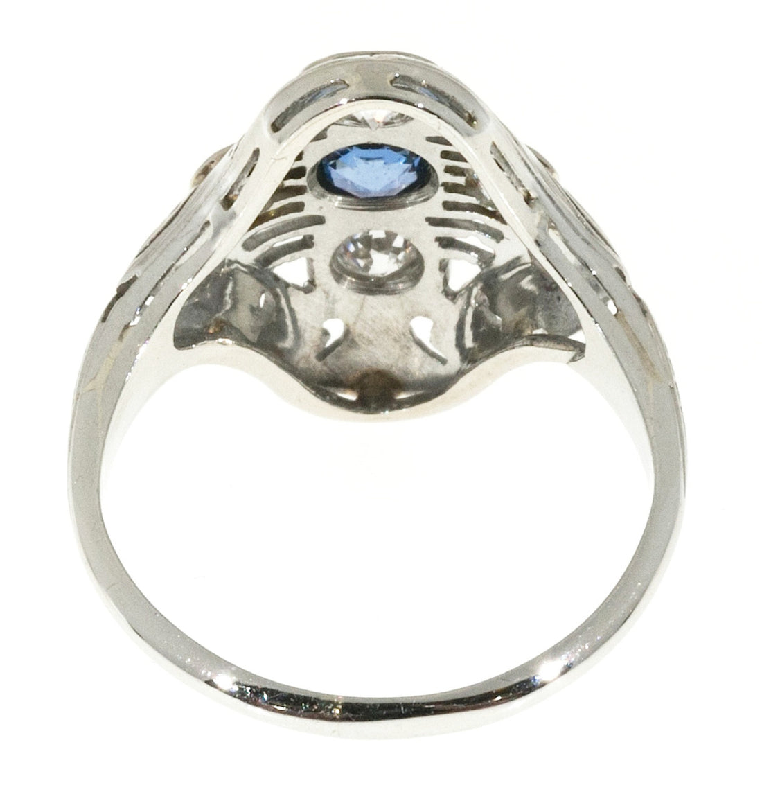 Estate 1930 Art Deco Pierced White Gold Raised Top Sapphire and 4 Diamond Ring – image 4