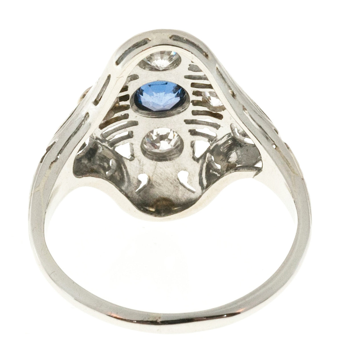 Estate 1930 Art Deco Pierced White Gold Raised Top Sapphire and 4 Diamond Ring – image 5