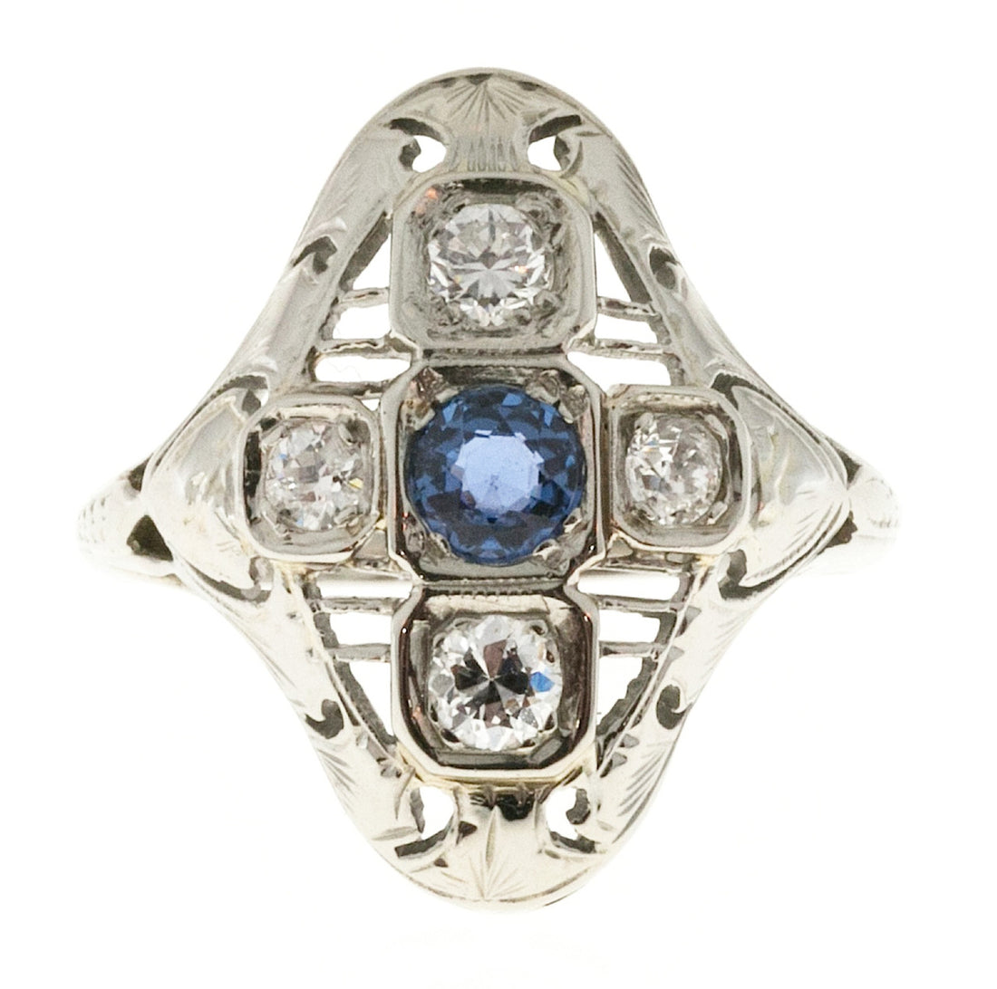 Estate 1930 Art Deco Pierced White Gold Raised Top Sapphire and 4 Diamond Ring – image 6
