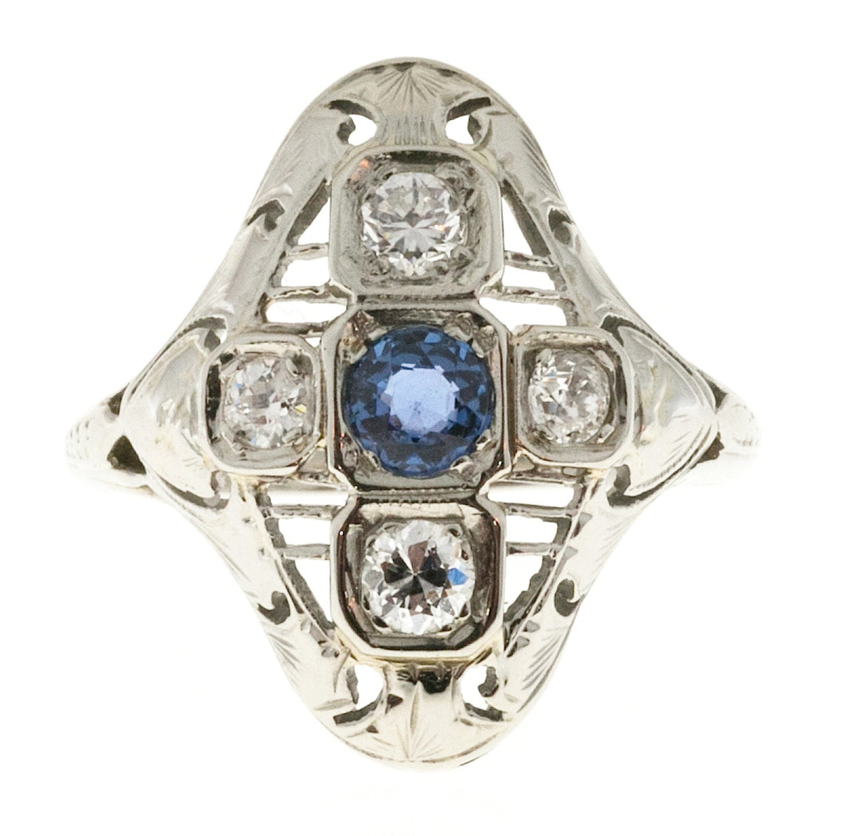 Estate 1930 Art Deco Pierced White Gold Raised Top Sapphire and 4 Diamond Ring – image 6