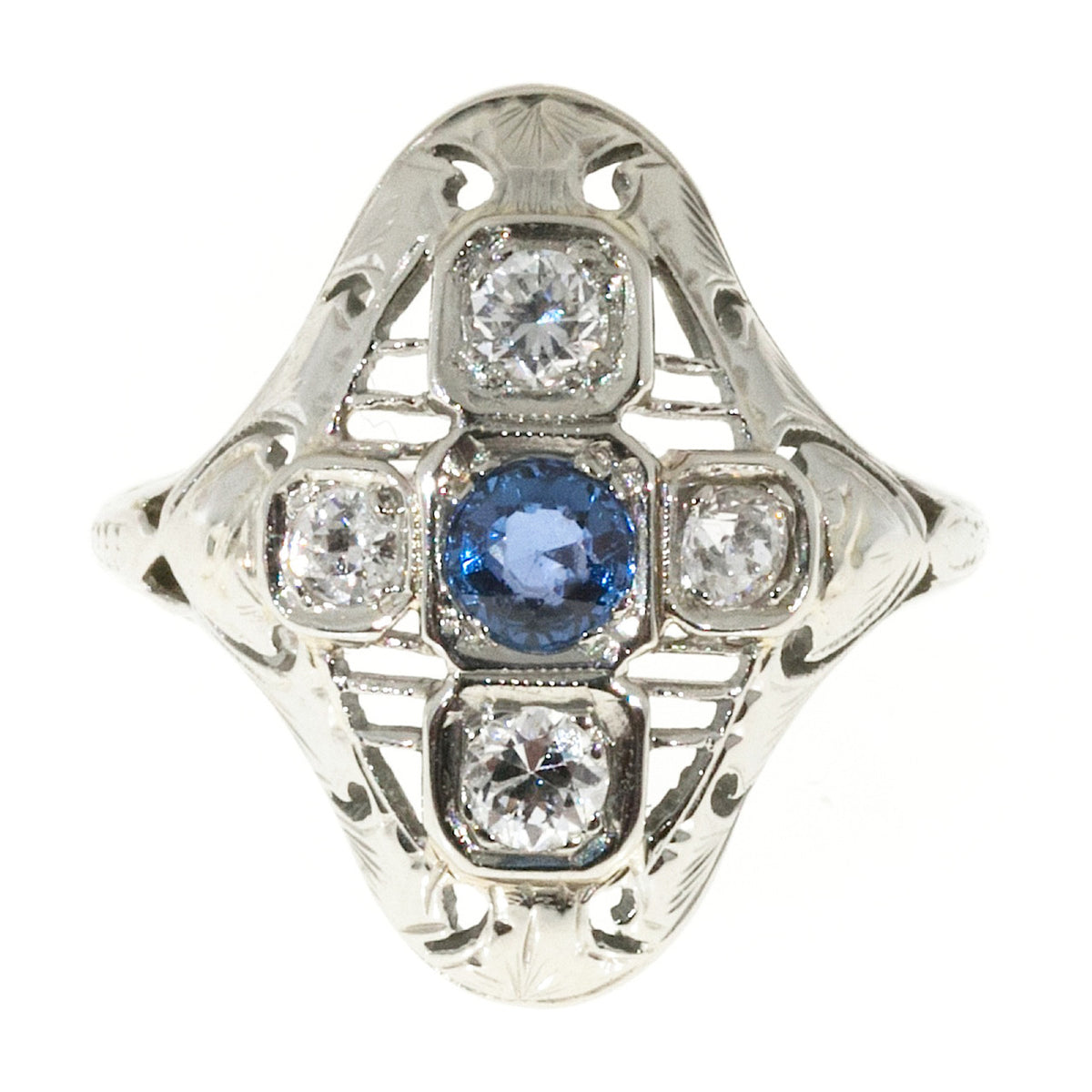 Estate 1930 Art Deco Pierced White Gold Raised Top Sapphire and 4 Diamond Ring