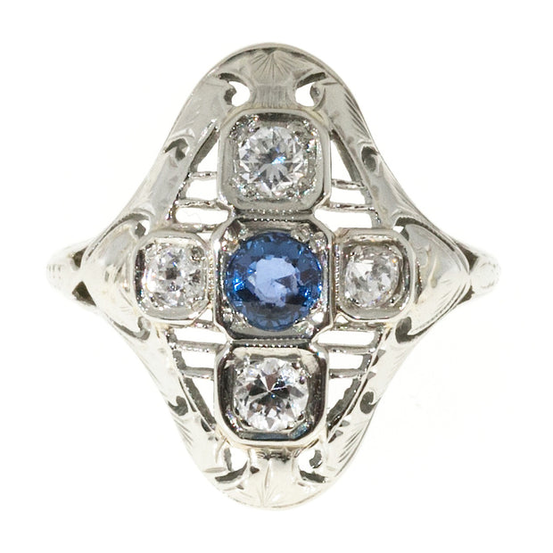 Estate 1930 Art Deco Pierced White Gold Raised Top Sapphire and 4 Diamond Ring