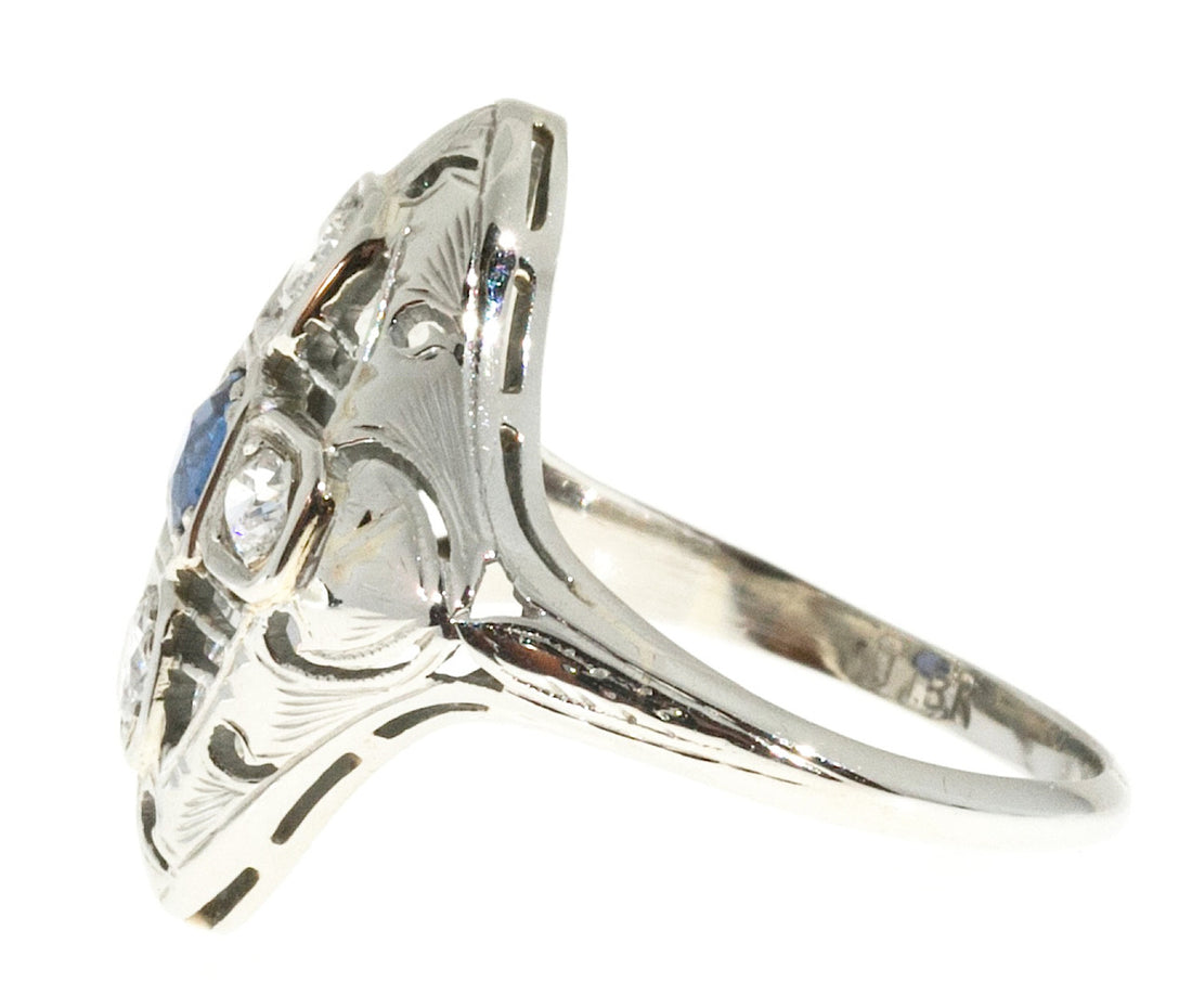 Estate 1930 Art Deco Pierced White Gold Raised Top Sapphire and 4 Diamond Ring – image 7
