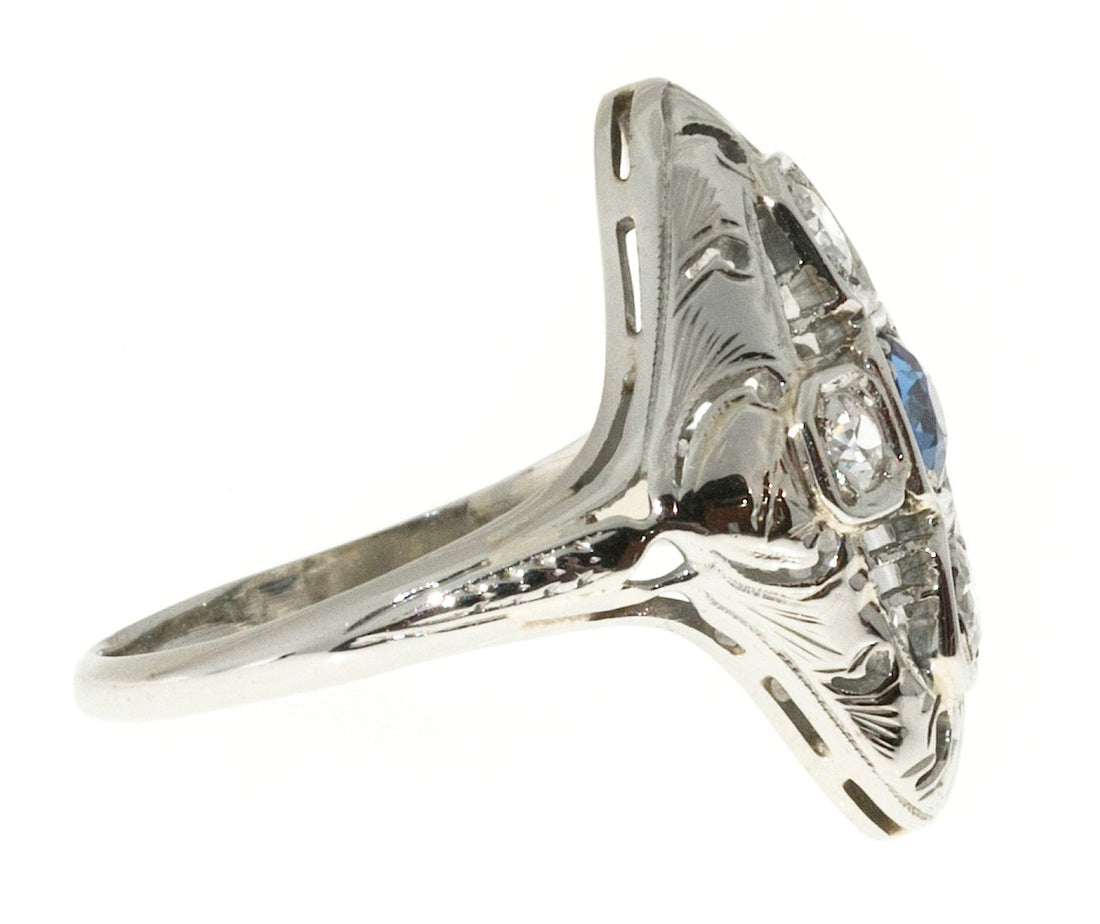 Estate 1930 Art Deco Pierced White Gold Raised Top Sapphire and 4 Diamond Ring – image 8