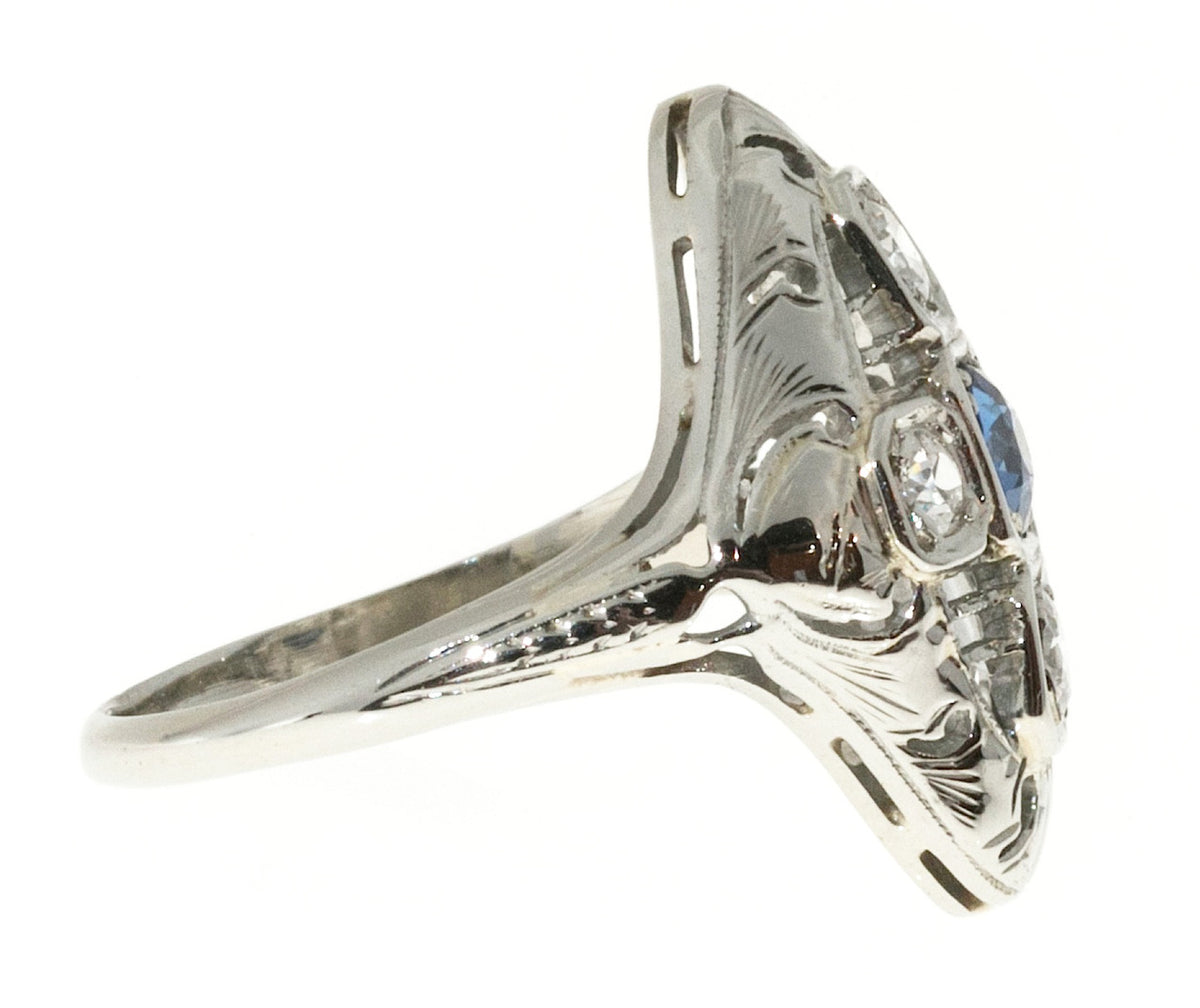 Estate 1930 Art Deco Pierced White Gold Raised Top Sapphire and 4 Diamond Ring – image 8