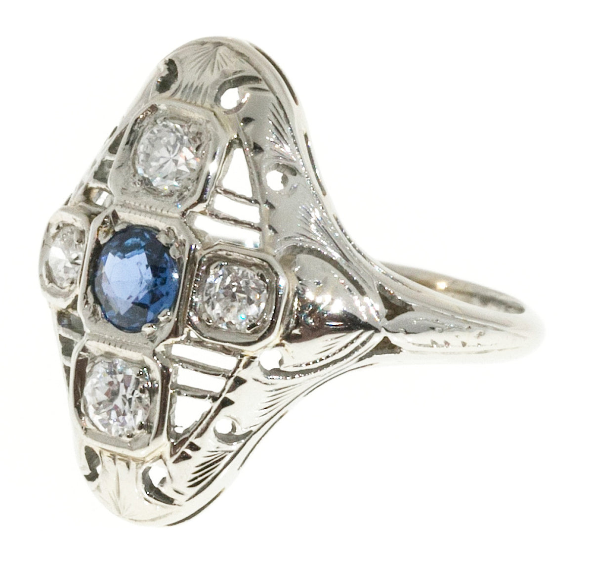 Estate 1930 Art Deco Pierced White Gold Raised Top Sapphire and 4 Diamond Ring – image 2