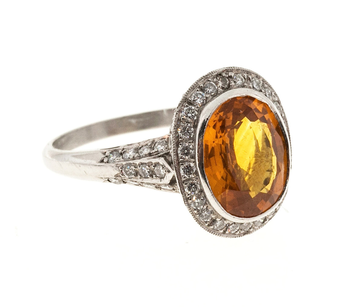 Estate Rare Orange 4.00ct Oval Orange Sapphire Diamond Filigree Platinum Ring – image 7