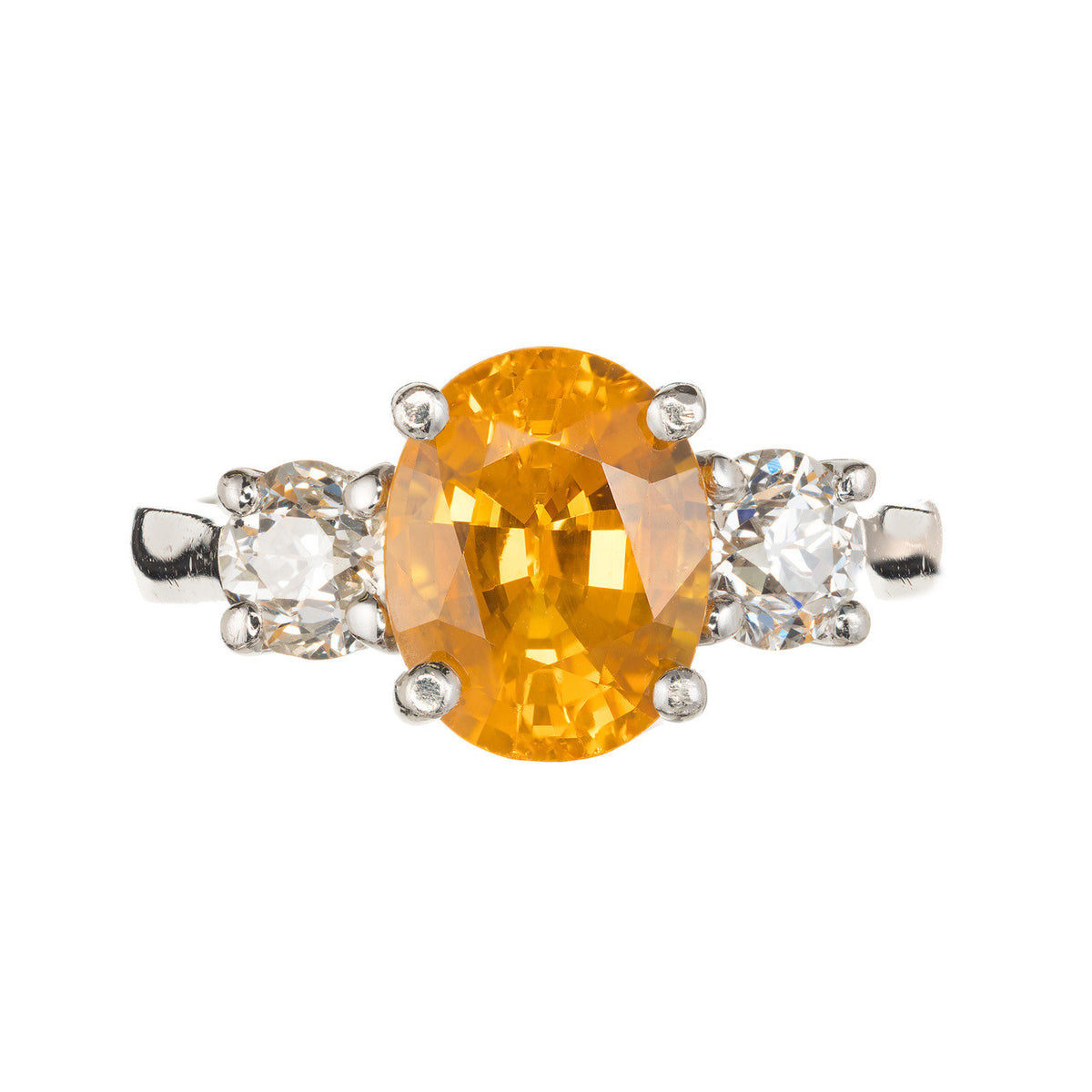 Estate Platinum Raise Crown European Cut Oval Orange Sapphire Round Diamond Ring – image 3