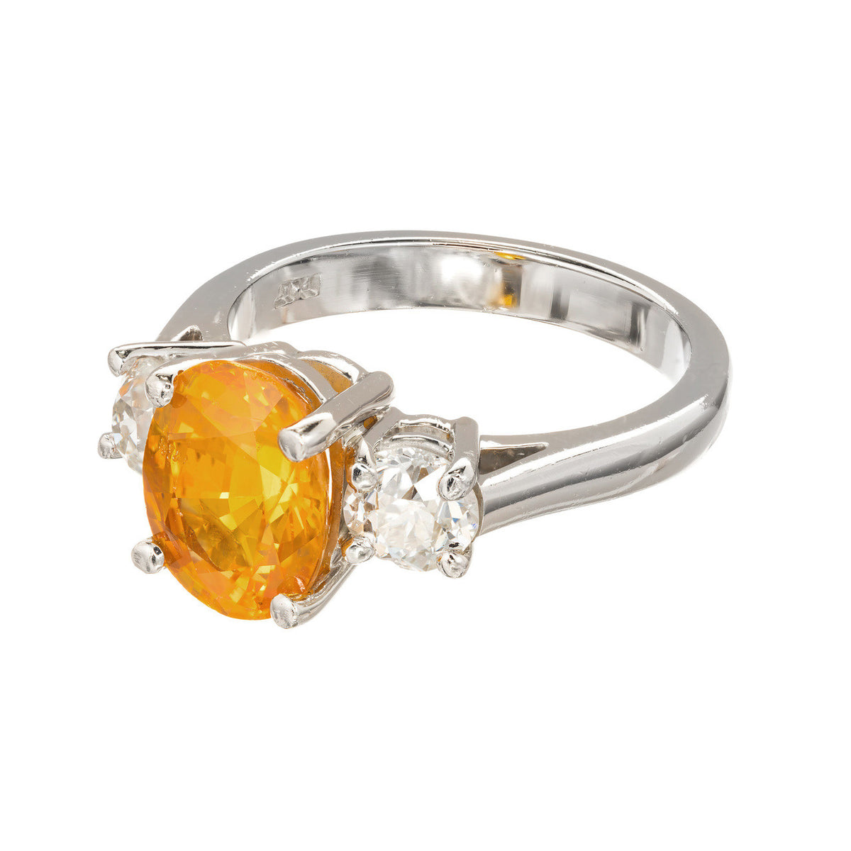 Estate Platinum Raise Crown European Cut Oval Orange Sapphire Round Diamond Ring – image 4