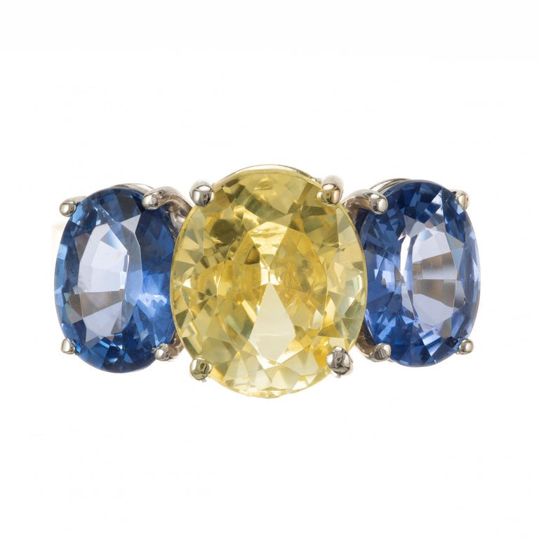 GIA Certified 8.63 Carat Yellow Blue Sapphire Gold Three-Stone Engagement Ring – image 2