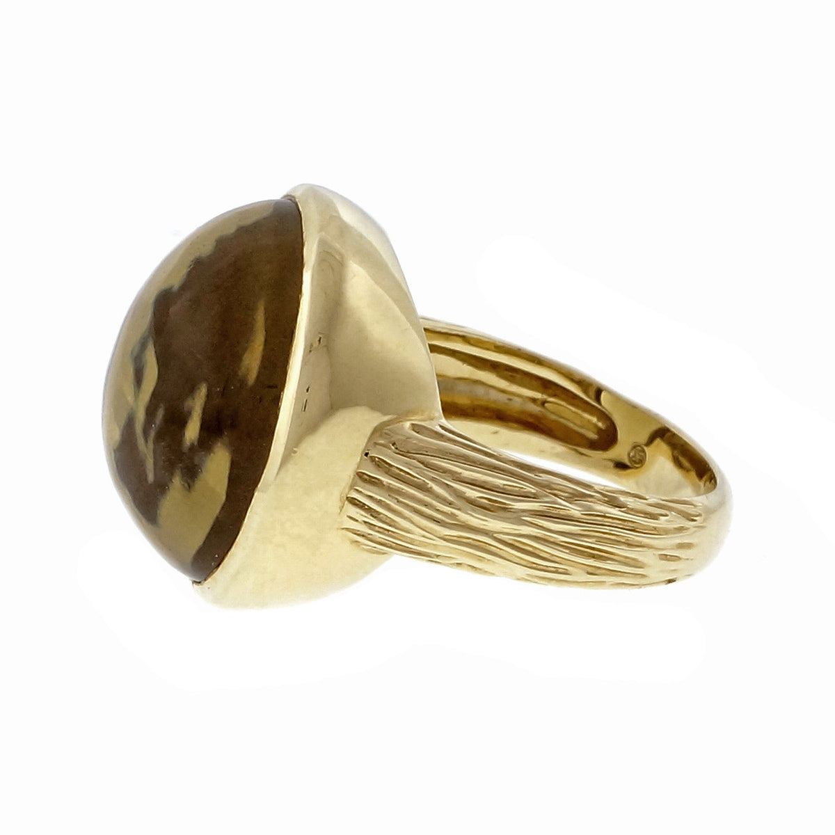 Estate Heavy 14k Gold Bezel Set 12.71ct Cabochon Set Smoky Quartz Ring Signed – image 5