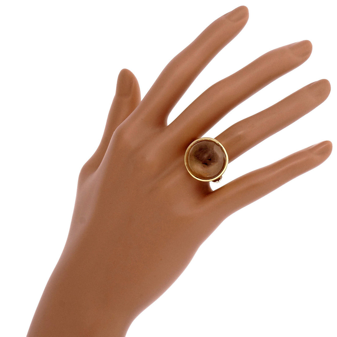 Estate Heavy 14k Gold Bezel Set 12.71ct Cabochon Set Smoky Quartz Ring Signed – image 6