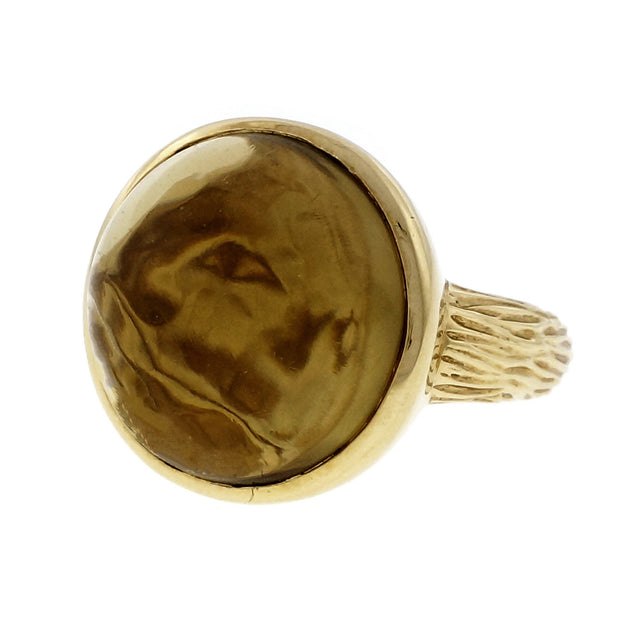 Estate Heavy 14k Gold Bezel Set 12.71ct Cabochon Set Smoky Quartz Ring Signed