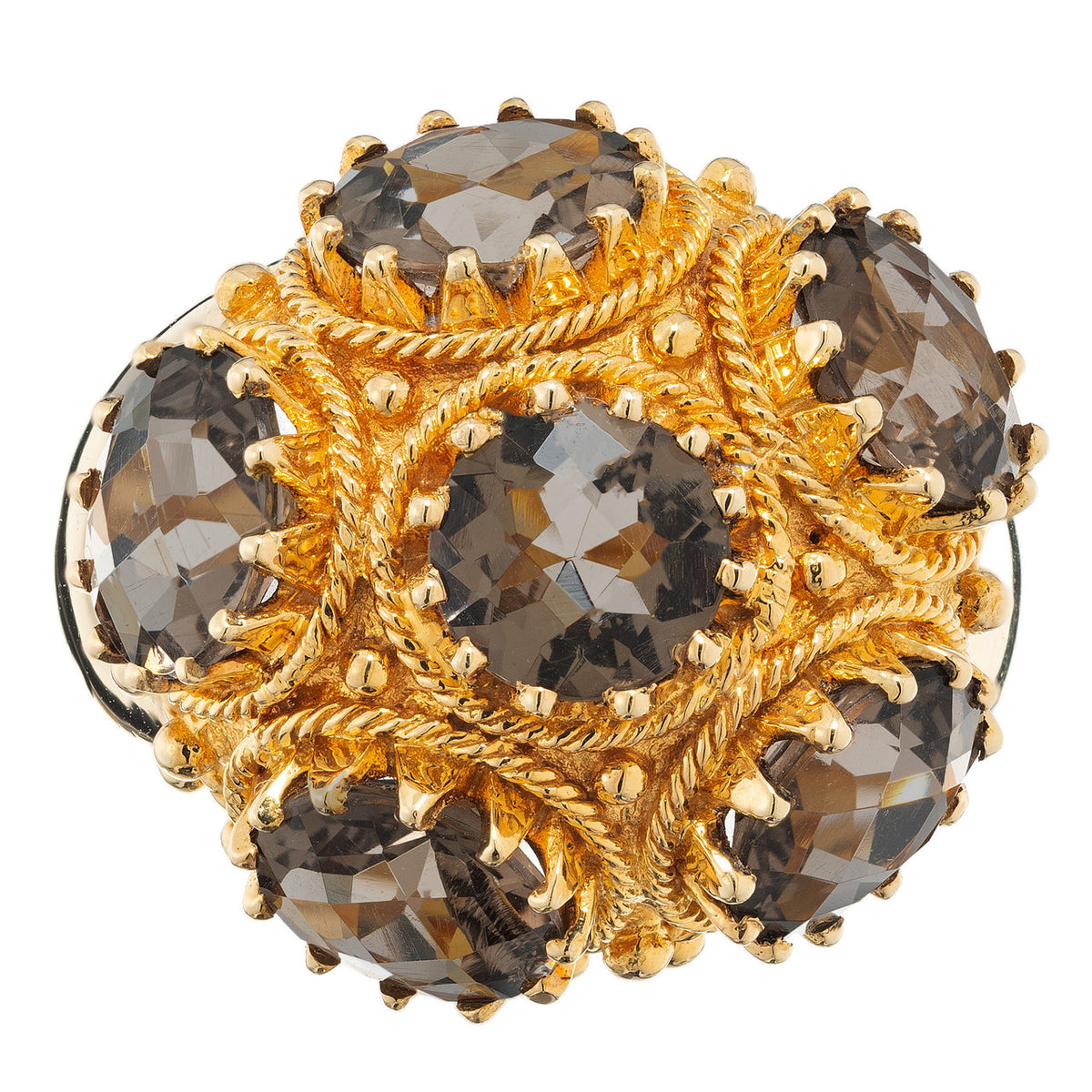 10.80 Carat Smoky Quartz Domed Mid Century Yellow Gold Cocktail Ring